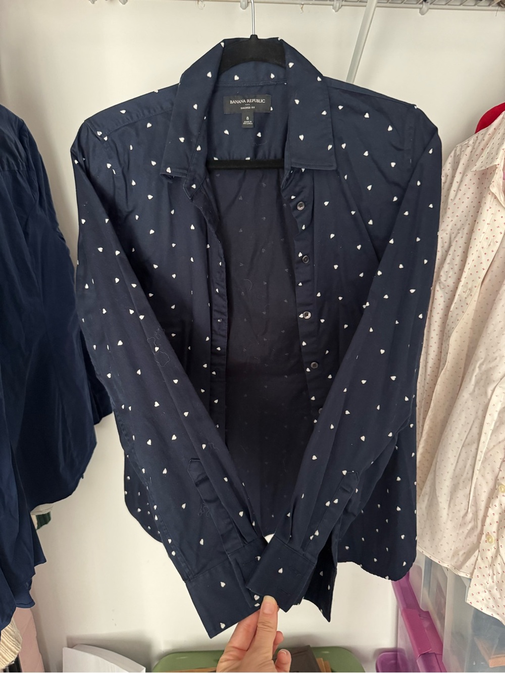 Banana Republic Navy Button-Down Shirt with White Heart Print Tailored Fit
